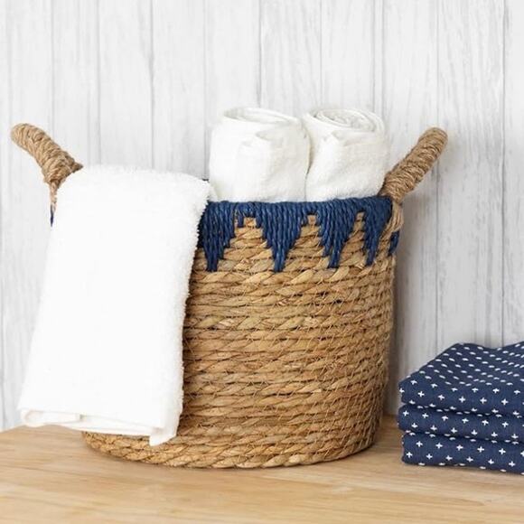 Stratton Home Decor Woven Straw Rustic Wicker Baskets Natural with Blue Accents‎ - Picture 2 of 6